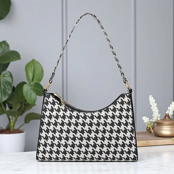 Houndstooth Baguette Shoulder Bag Black White PU Leather Y2K Streetwear Purse - Picture 12 of 14